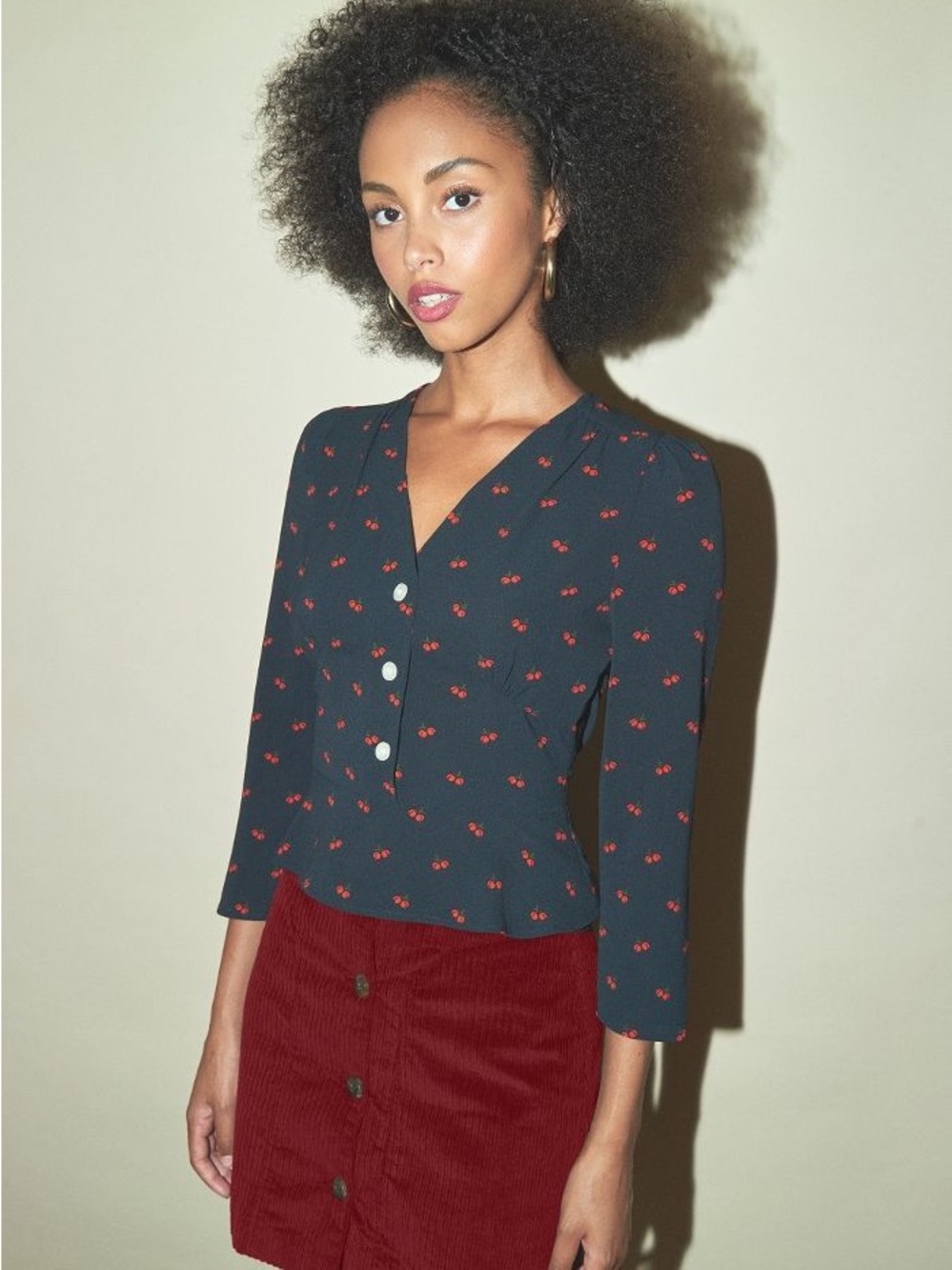 Rouje Paris Black Cherry-Print V-Neck Button Peplum Blouse